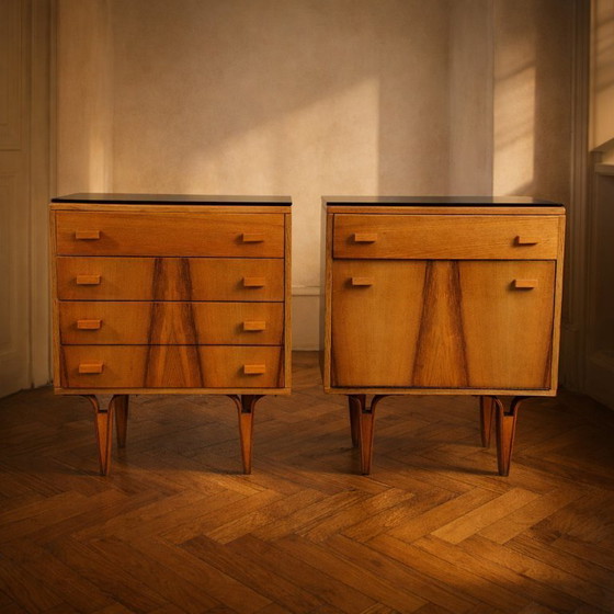 Image 1 of Mid Century Nightstands Ash Veneer & Black Glass František Mezulánik Nový Domov 1970s Czechoslovakia