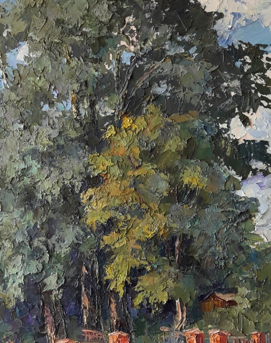 Origineel olieverfschilderij Stadsgezicht Zomerschoolpark – Schilderijen & Tekeningen, Canvas (photo 8 of 8)