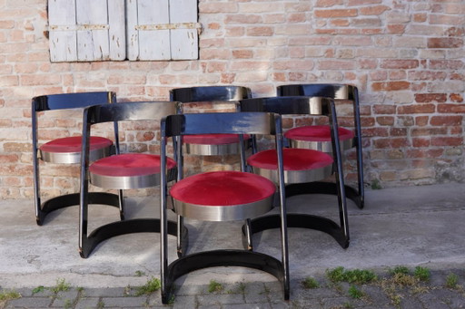 Willy Rizzo – Set van 6 eetkamerstoelen, Italië, jaren 70 – Mario Sabot, Metal, Wood