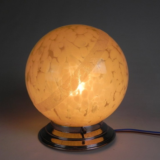 Image 1 of Art Deco plafondlamp, plafonnière met beige gewolkte glazen bol, jaren 30