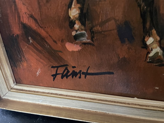 Image 1 of Vintage oliedruk op doek - Heinrich Faust - paarden - jaren ‘60-‘70