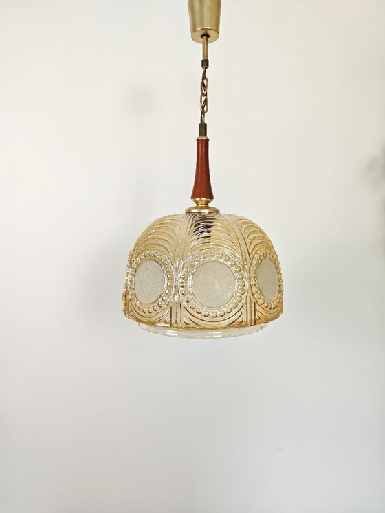 Image 1 of Vintage Amber Glass Pendant Light / 70s Mid Century Hanging Lamp / Retro Ceiling Light / Art Deco Style Glass Shade / Warm Ambie