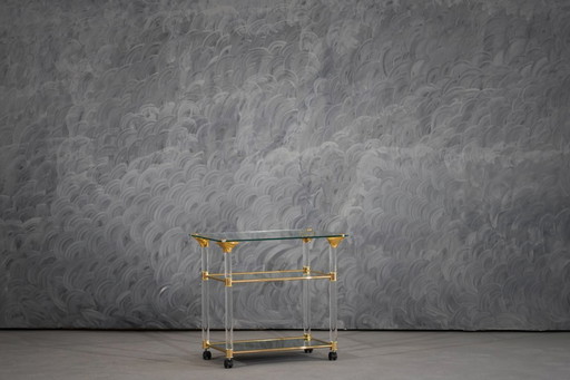 Carrello di servizio vintage in ottone e lucite, Francia, anni '60