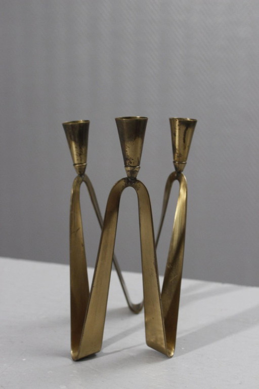 Vintage messing drielichts kandelaar, modernistisch ontwerp, jaren 1950
