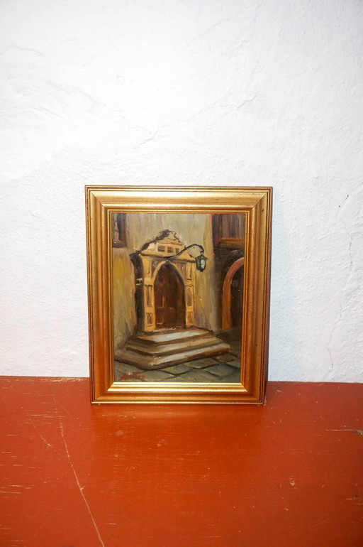 vintage architectural painting * signed framed oil painting * european doorway scene * mid-century artwork