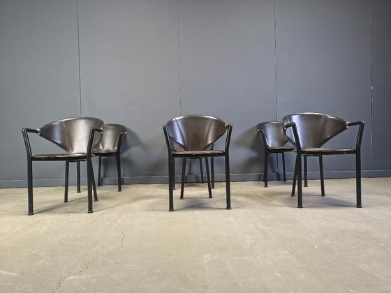 Image 1 of Set aus 6 Leder-Esszimmerstühlen von Segis Italy, 1980er Jahre