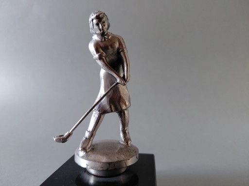 Old Silver-Colored Golf Figurine on Marble Base –