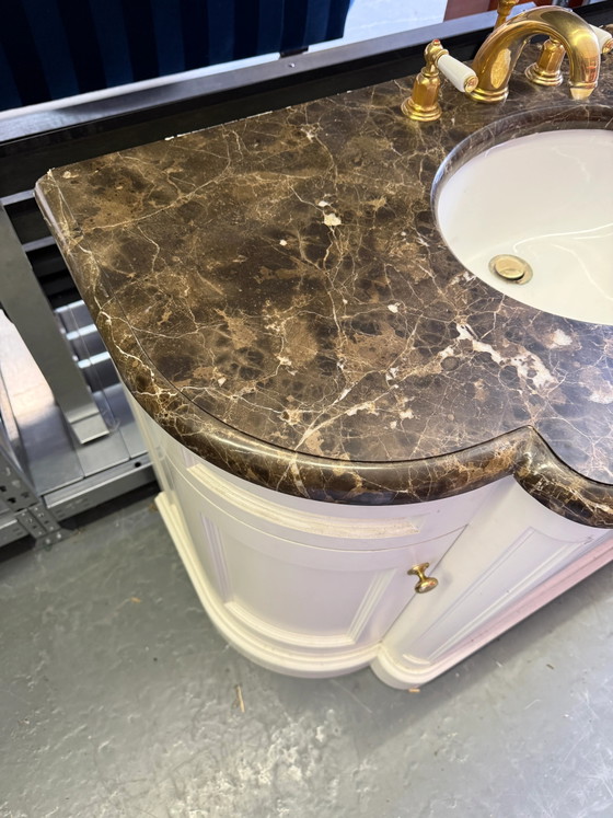 Classic Double Marble Top Bathroom Vanity & Gold Hardware – Storage cabinet (photo 8 of 12)