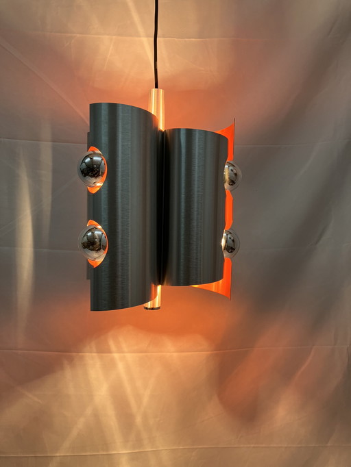 Vintage space age hanglamp, Polam, geborsteld aluminium