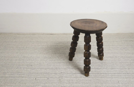 Image 1 of Vintage Bobbin Turned Wooden Stool Plant Stand Brutalist Rustic Tripod Stool Farmhouse Wabi Sabi Decor