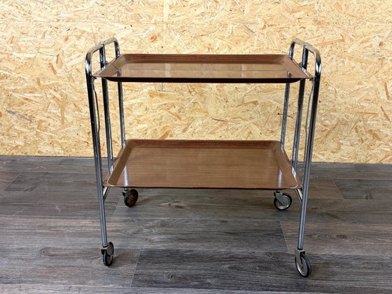 Image 1 of 1960s/70s Serving Trolley/Dinette Side Table, Space Age Design, Chrome/Brown