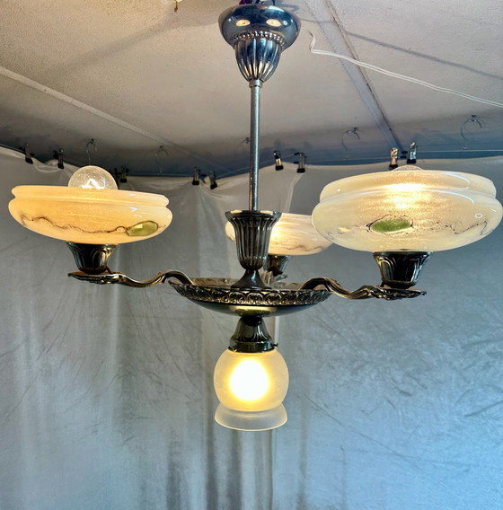 Antique Art Deco Style Pendant Lamp Chandelier with Marbled Opal Glass, Ceiling lights, Metal, Black (photo 14 of 14)