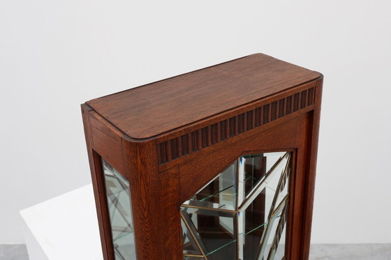 Image 1 of Mobiletto Art Déco francese in rovere con vetro piombato bisellato, ca. 1920