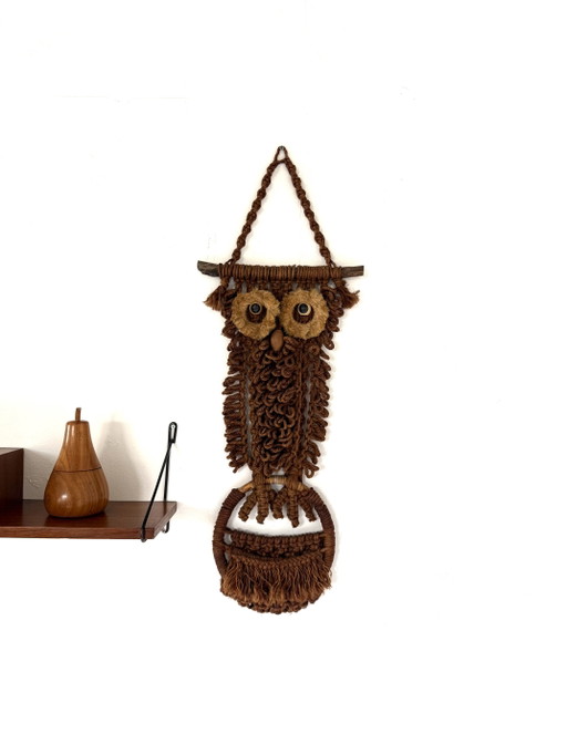 Vintage macramé owl wall hanging, 1970s – wanddecoratie, Wood, Textile