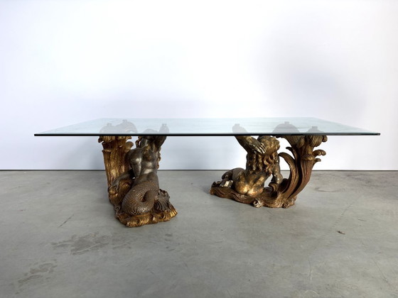 Vintage Gilt Wood Mermaid Coffee Table, 1960s - Italy, Glass, Brown (photo 12 of 13)