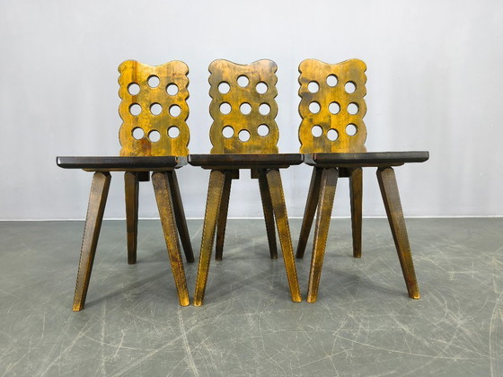 Image 1 of Set of 3 Brutalist Wooden Chairs, Czechoslovakia, 1950s