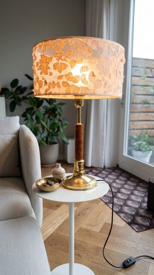 Wunderschöne Vintage Mid-Century Tischlampe – Messing & Wurzelholz-Optik (Temde Stil)