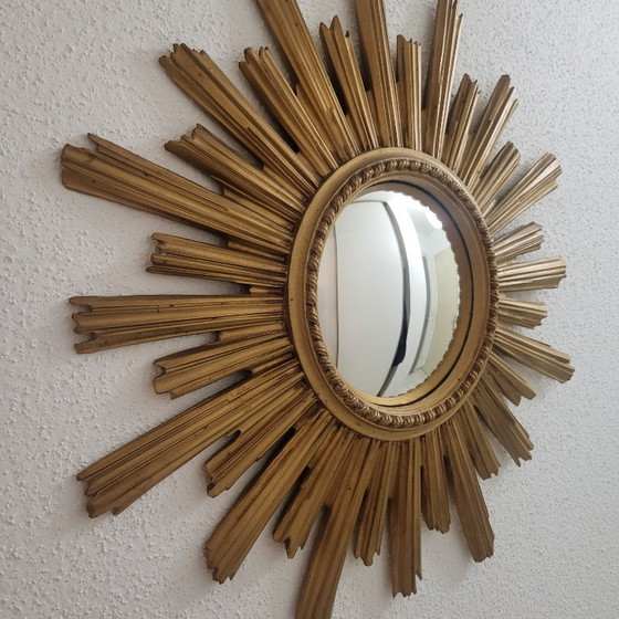 Image 1 of Grote spiegel met zonnestralenmotief, gouden heksenoog, vintage