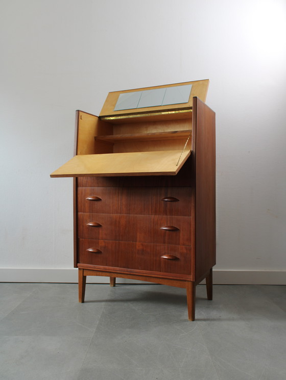 Image 1 of Vintage Danish chest of drawers in teak with flap and mirror !