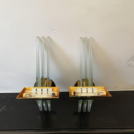 Hollywood Regency Wandlampen in vergulde messing voetstukken, 1970, Set van 2 – Metal, Glass, Art Deco (photo 4 of 15)