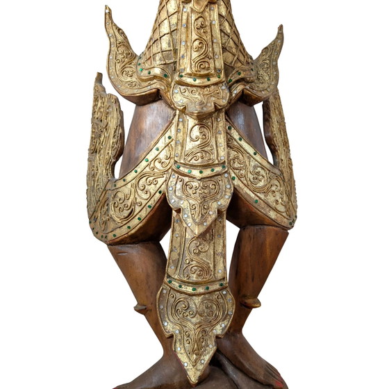Grande Kinnara birmane sculptée à la main – Bois dur doré et incrustations de verre – 112 cm – Sculptures (photo 10 of 10)