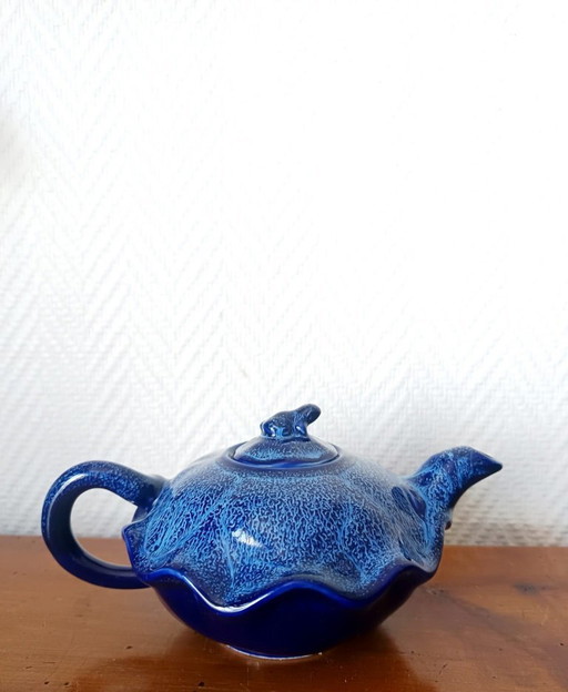 Art Deco blue ceramic teapot with frog