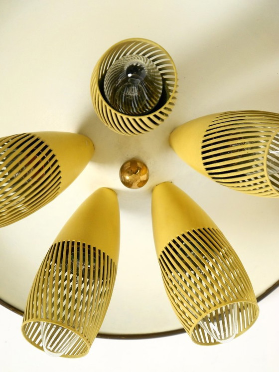 Image 1 of Very rare 5-arm mid-century modern metal bag ceiling lamp with round white reflector