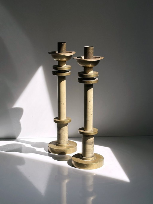 2 Italian Candlesticks Vintage 50s Metal Brass Enamel Column Candlesticks Pair Set Beige 1950 Rome