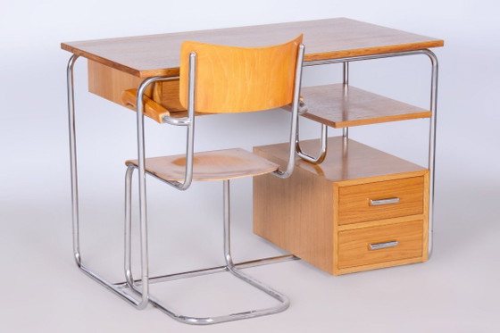 Escritorio Bauhaus restaurado, roble, acero cromado, Alemania, década de 1930. – Metal, Wood (photo 13 of 16)