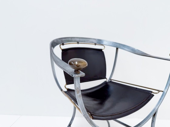 Image 1 of Alberto Orlandi Pompei fauteuil in staal, brons en zwart leer