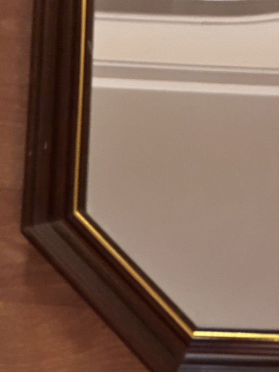 Vintage octagonal mirror in stained wood with a gold trim – 68 × 47.5 cm – Molduras Hergon, Glass (photo 12 of 15)