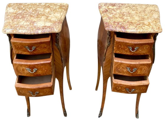 Image 1 of Pair of marquetry bedside tables - veined marble tops - Louis XV style