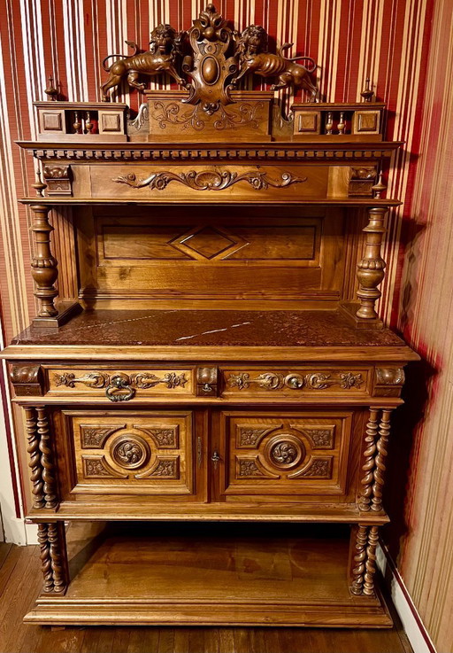 French Renaissance Revival / Henri II Style Dining Room Set – Late 19th Century – Buffet, Side Cabinet, Table and 6 Chairs