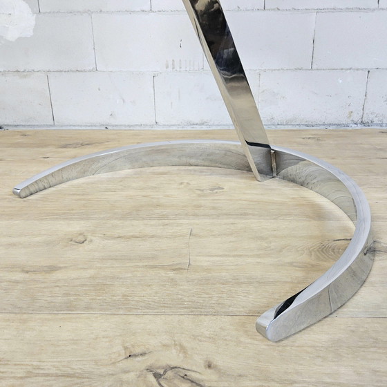 Image 1 of Vintage Frans Space Age Design Eetkamer set Boris Tabacoff Frankrijk 1970 chromen glazen eettafel + 4 leren stoelen