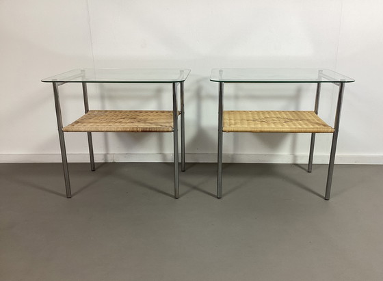 Image 1 of Set of eighties vintage side tables tables chrome rattan