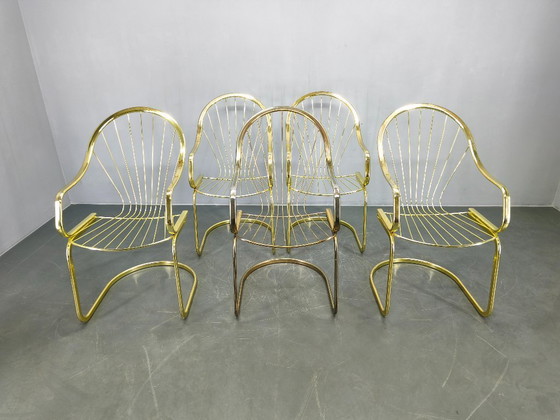Image 1 of Set of 5 Gastone Rinaldi Brass Dining Chairs for Rima, Italy 1970s