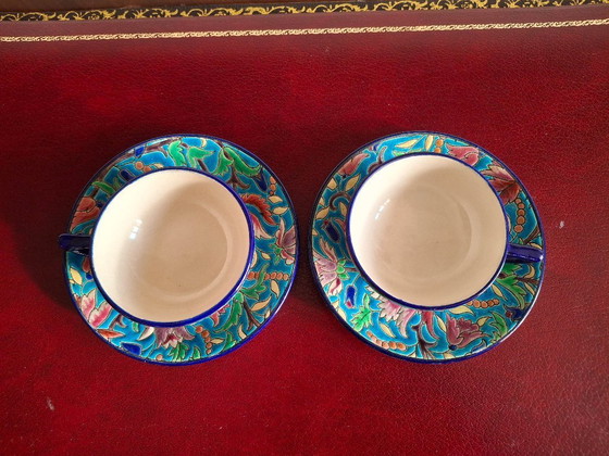 Image 1 of Tête à tête, set of 2 coffee cups and saucers in Longwy enamels