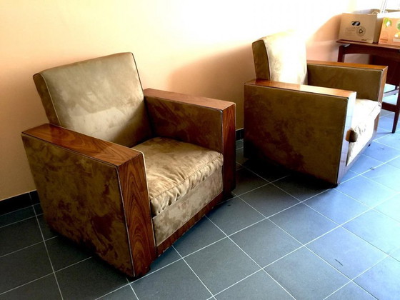 Ensemble de Fauteuils Club Art Déco en Alcantara & Noyer, 1930 – Wood, Art Deco (photo 13 of 16)