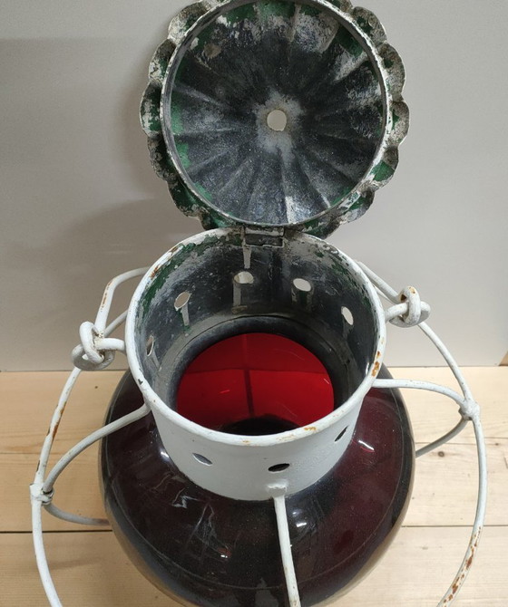 Ship's Lantern 360 Degrees With Spherical Red Glass, Pendant lamps, Metal, White, Vintage (photo 3 of 8)