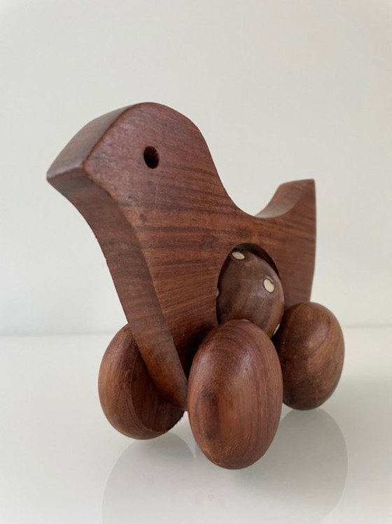 Image 1 of Vintage Scandinavian wooden duck on wheels