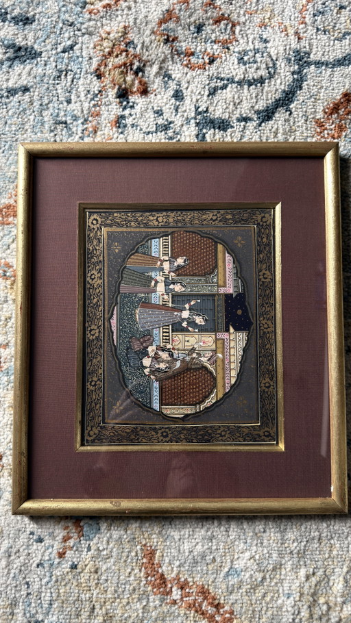 Set of 3 Vintage Indian Miniature Paintings on Fabric – Rajasthani Style – schilderijen tekeningen, Glass (photo 2 of 11)