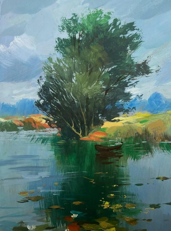 Image 1 of Peinture à l'huile originale représentant un paysage côtier d'été, avec un pêcheur près d'un arbre solitaire.