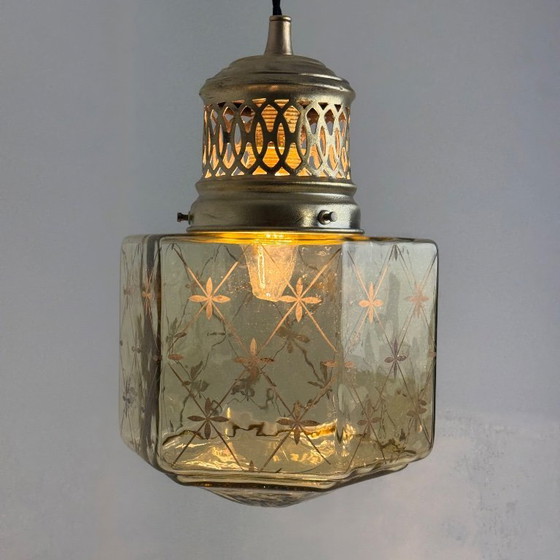 Image 1 of ART DECO STAINED GLASS PENDANT LIGHT