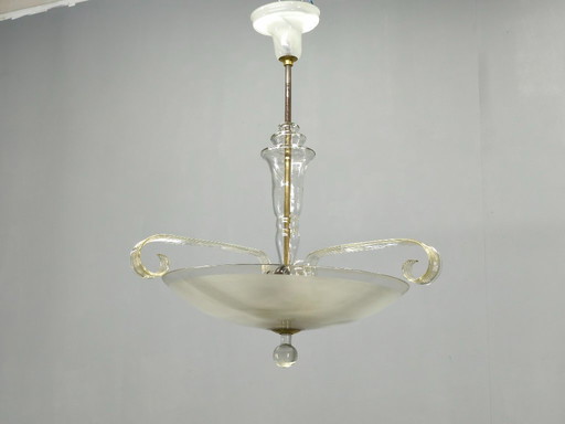 Art Deco kroonluchter van glas en messing, Tsjechoslowakije, jaren 1940