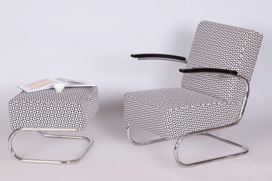 Restored Bauhaus Armchair With Foot Stool, By Mücke-Melder, Steel, Czech, 1930s – Metal, Textile (photo 5 of 8)