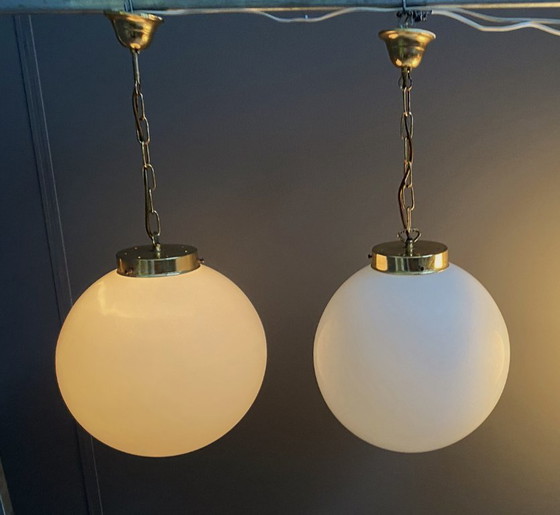 Image 1 of Sphere opal glass hanging lamps 1970s by Kamenicky Senov