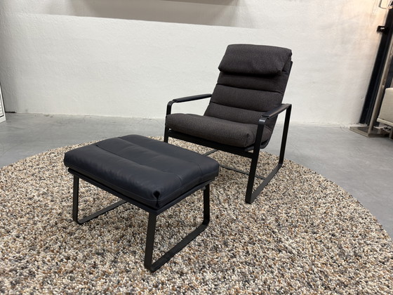 Image 1 of Leolux Indra Sessel mit Fußhocker Blauer Lederstoff