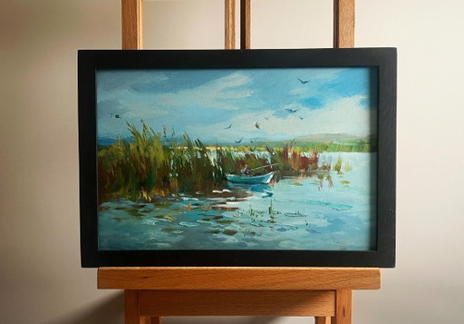 Peinture à l'huile originale représentant un paysage côtier fluvial, avec des pêcheurs parmi les roseaux.