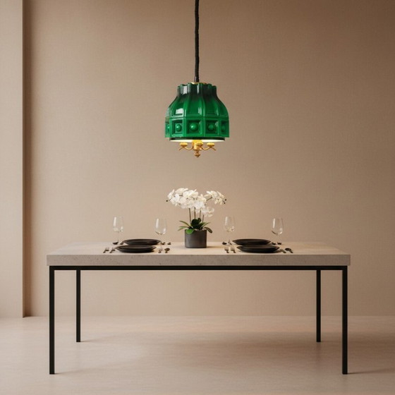 Image 1 of Grote Scandinavische hanglamp met uittrekbare arm, uitgevoerd in groen glas door Helena Tynell voor Flygsfors, jaren 60.