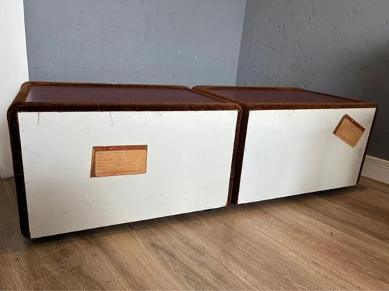 Ruf International Nightstands, Pair Mirrored Bedside Tables 1970s, Wood, Velvet, Brown (photo 8 of 8)